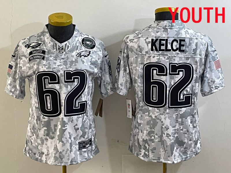 Youth Philadelphia Eagles #62 Kelce Nike Arctic Camo 2025 Salute to Service Limited NFL Jersey style 4